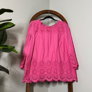 Talbots XL Pink 100% Cotton Embroidered Eyelet 3/4 Sleeve Blouse